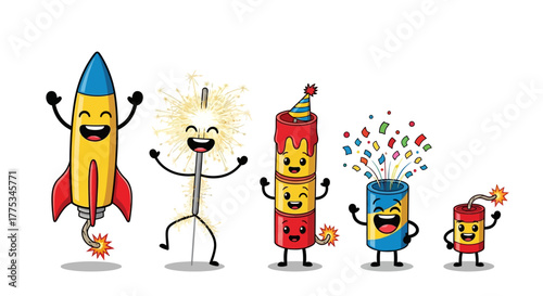 Cartoon illustration of various fireworks with smiling faces, celebrating and ready to explode.