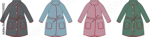 Four stylized illustrations of collared coats in different pastel colors on a white background