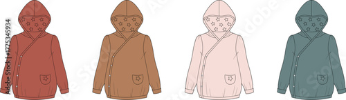 Collection of adorable baby and toddler hooded wrap tops in various soft color palettes, perfect for versatile children's apparel design and comfortable everyday wear