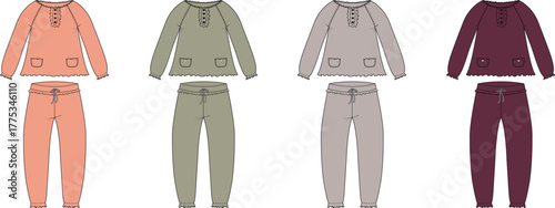 A collection of children's loungewear sets featuring hooded tops and jogger pants. A technical flat sketch for kids' fashion design shown in four color variations