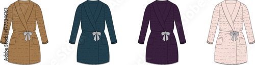 A collection of elegant belted wrap dress fashion illustrations. A technical flat drawing set of a long-sleeve robe in various color palettes