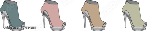 A collection of stylish women's peep-toe high-heel ankle boots in four different colors, an elegant footwear concept isolated on a white background