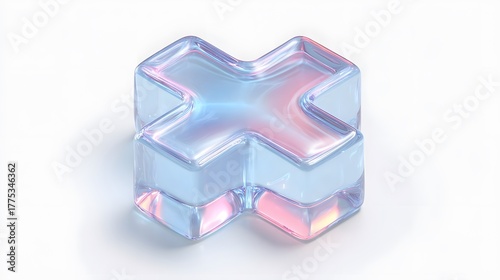 Abstract Clear X Shape Cube with Iridescent Reflections on White Background