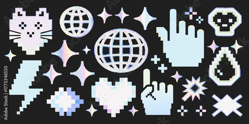 Pixel art icons and symbols with holographic gradient effect on black background