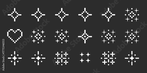 Collection of pixel art style sparkle and starburst icons on a dark background
