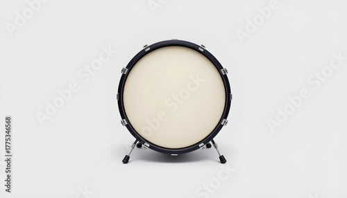 A large drum with a beige drumhead sitting upright on a stand against a plain background. The drum is positioned slightly to one side, leaving a significant area of the image empty