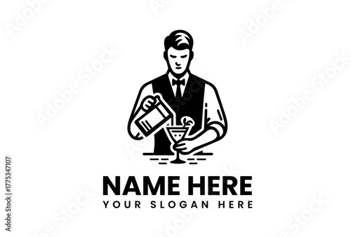 Classic emblem of a professional bartender pouring a cocktail into a glass. Monochrome vector logo template for a bar, pub, or lounge business