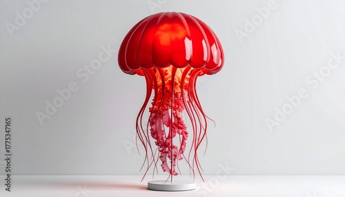 Jellyfish-inspired lamp with translucent red dome and tentacle-like extensions emitting warm light for editorial home decor photography artistic lighting design and poetic surrealism-themed visuals