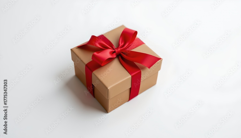 Obraz premium A small gift box adorned with a vibrant red ribbon, positioned centrally against a clean white background.