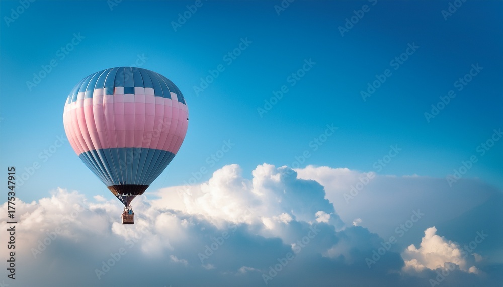 Fototapeta premium a beautiful hot air balloon with pastel pink and blue stripes glides through a bright blue sky surrounded by fluffy white clouds offering a glimpse of adventure and tranquility