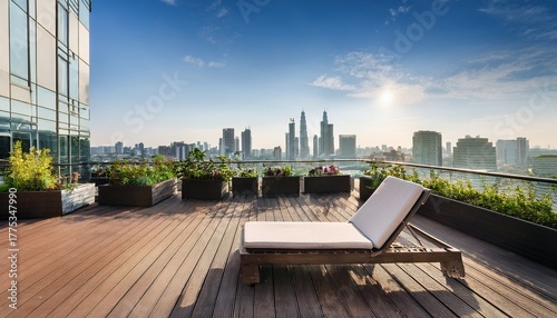 luxurious rooftop terrace with lounge chair and panoramic city skyline urban oasis