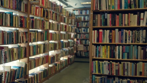 Blurred view of a spacious library with rows of colorful books lining wooden shelves in a serene indoor setting, creating a peaceful atmosphere for reading and discovery.