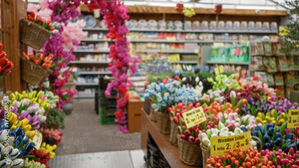 Fototapeta premium Blurred view of florist shop with vibrant wooden tulip display and defocused floral archway in colorful arrangement.