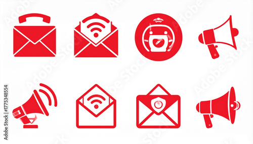 Bold Red Flat Icons of Communication Methods Set
