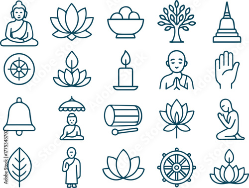 Line art illustration of buddhism icons isolated on white background, featuring symbols of buddha, lotus, and spiritual elements for religious representation
