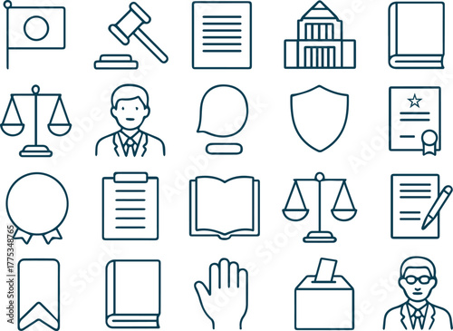 Constitution of japan icons isolated on white background, featuring legal symbols, justice scales, and the japanese flag, representing constitutional law and governance