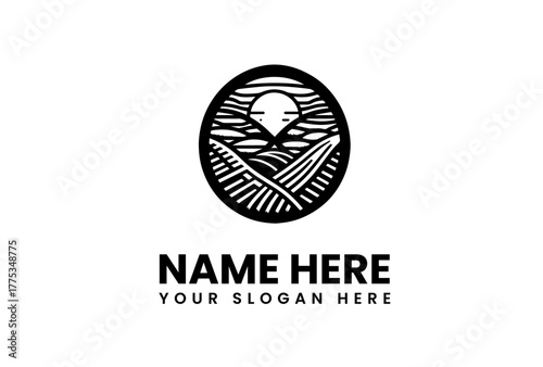 Monochrome farm landscape logo template with rolling fields and sunrise in a circle emblem. Rustic agricultural vector illustration for branding