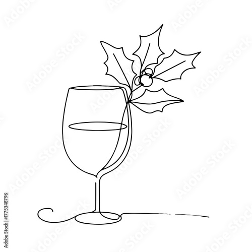 A sprig of holly on the rim of a glass christmas dinnerware minimal vector