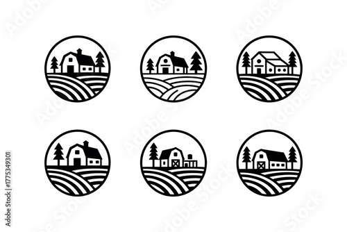 A collection of six circular farm logos with rolling hills and houses.