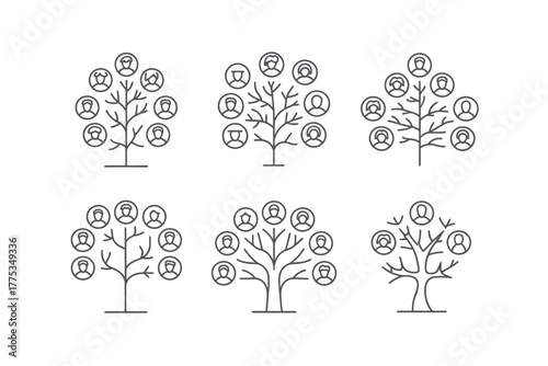Family trees with icons representing people and relationships are depicted in six stylized illustrations.