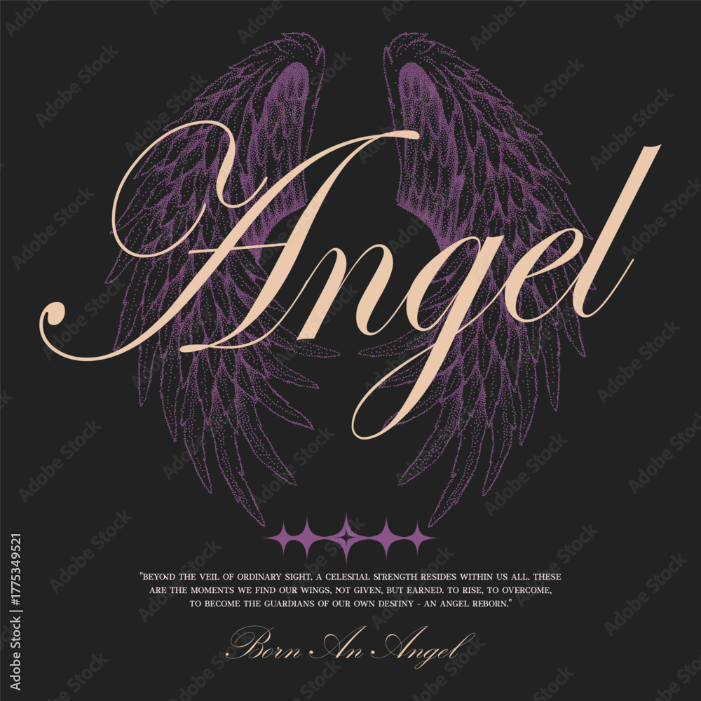Fototapeta premium angel's wings print design, wing t-shirt design, women's slogan printed t-shirt design, hand-drawn dotted line, halftone style street art, for streetwear and urban style t-shirts design, hoodies,
