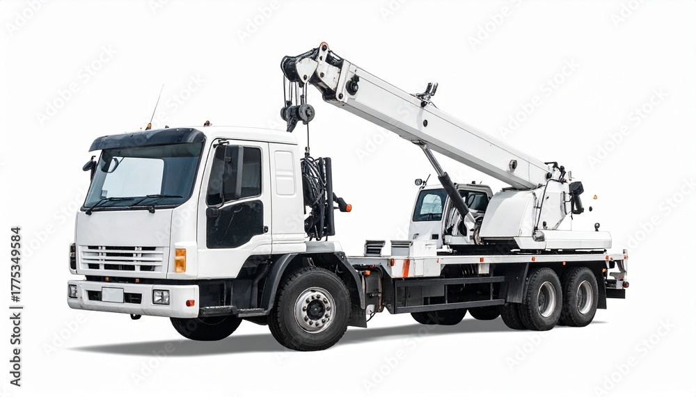 Naklejka premium White flatbed truck with mounted telescopic crane and dual rear axles for editorial industrial photography heavy-duty equipment design and poetic utility-themed visuals
