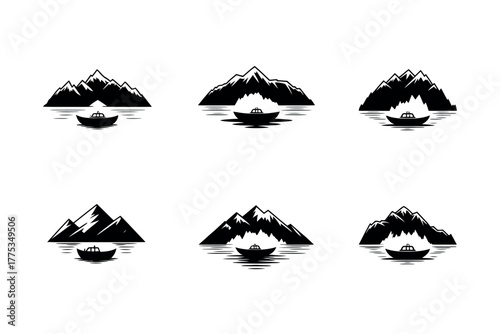 Six minimalist mountain and boat silhouette icons are displayed against a white background