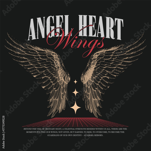 angel's wing calligraphy slogan, hand-drawn dotted line, halftone style street art, for streetwear and urban style t-shirts design, hoodies, etc, Los Angeles urban retro quote typography, graffiti art