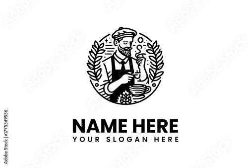 Artistic monochrome logo featuring a skilled bearded barista in a beret and apron, serving gourmet coffee from a cup, elegantly framed by botanical elements
