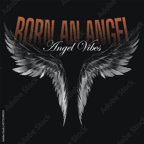 Angels' wings hand-drawn dotted line vector illustration t-shirt design. Wing a Rock n Roll, California, Los Angeles, Rock music print, grunge effect, tee stamp, artwork lettering vector 