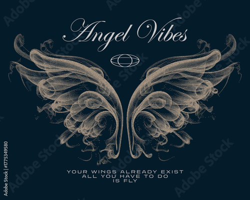 angel's wings print design, wing t-shirt design, women's slogan printed t-shirt design, hand-drawn dotted line, halftone style street art, for streetwear and urban style t-shirts design, hoodies,