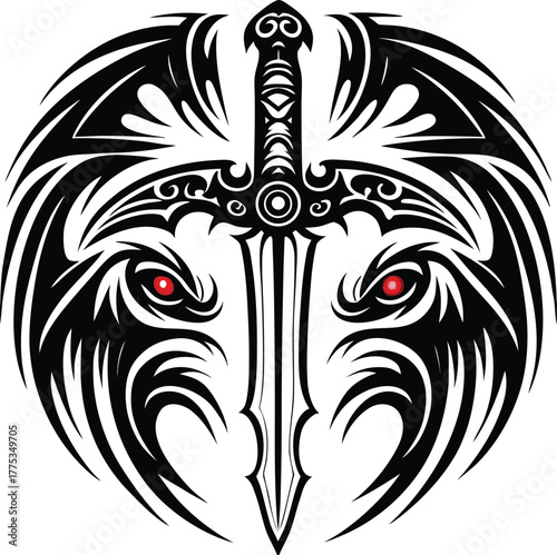 Tribal wolf head with sword and red eyes