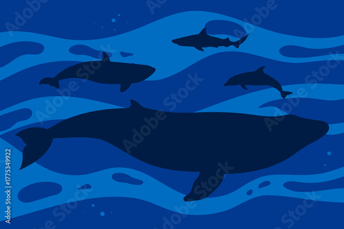 Blue underwater background with silhouettes of a whale, dolphin, killer whale and a shark. Vector illustration