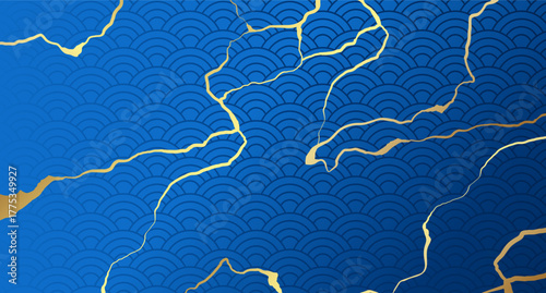 Golden Kintsugi cracks on blue Asian wave pattern background. Luxury elegant background. Vector illustration