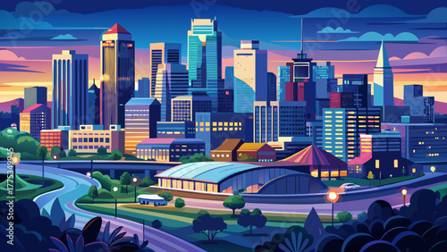 Very beautiful aerial view of Kansas City, Missouri, USA, capturing the city skyline at twilight during blue hour, with illuminated skyscrapers reflecting a serene urban atmosphere.