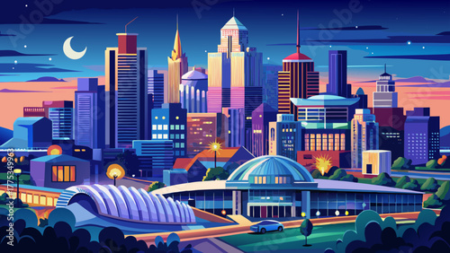 Very beautiful aerial view of Kansas City, Missouri, USA, capturing the city skyline at twilight during blue hour, with illuminated skyscrapers reflecting a serene urban atmosphere.