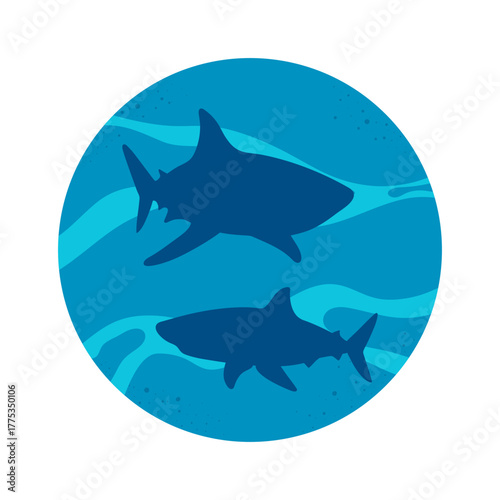 Underwater emblem with shark silhouettes. Shark swimming in the ocean. Vector illustration