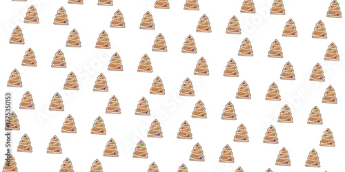 Seamless Christmas pattern with cute gingerbread Christmas tree cookies. Festive holiday food design background with white icing and sprinkles.