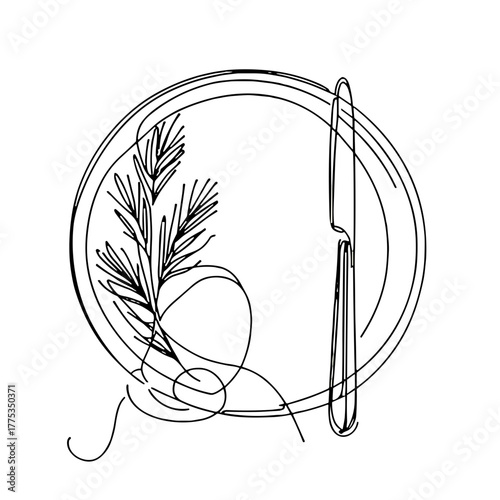 A plate and a knife with a sprig of pine needles between them christmas dinnerware minimal vector