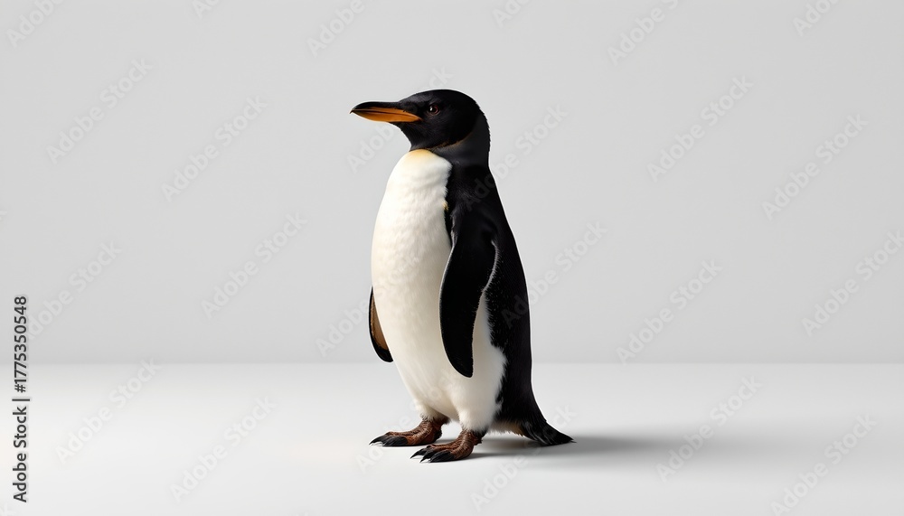 Obraz premium A penguin standing upright, facing to its right. It is stylized with black and white stripes and a large beak. The background is plain, providing no context or additional elements.