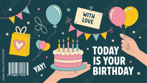 Hand holding birthday cake vector illustration