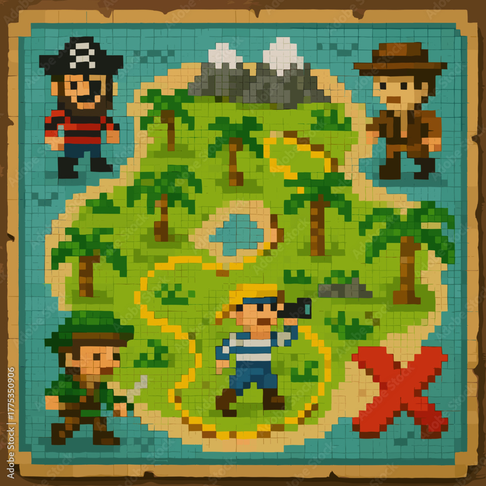 Obraz premium Pixel art treasure map featuring cartoon pirates and adventurers on a tropical island