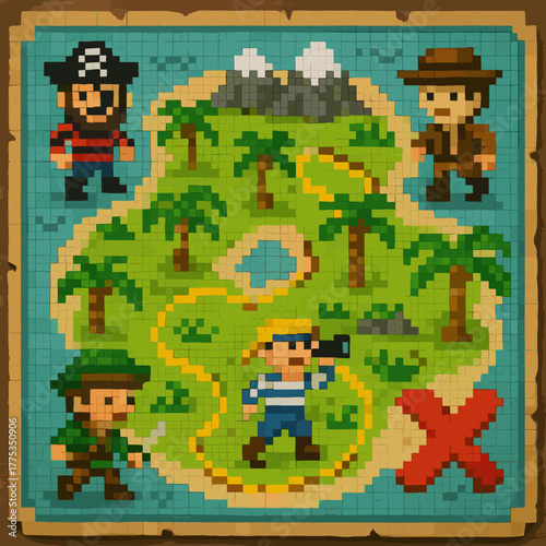 Pixel art treasure map featuring cartoon pirates and adventurers on a tropical island