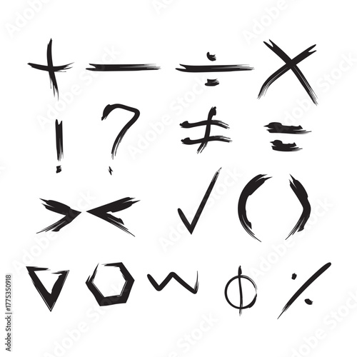 Illustration of various black brush stroke symbols including math signs and punctuation marks on white background