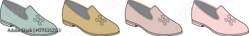 A colorful collection of stylish classic loafer shoes with tassels in various pastel shades, presented as a vector illustration set on a white background