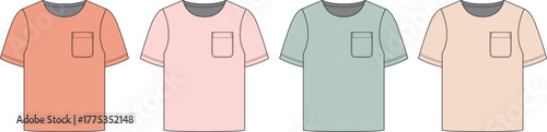 Four minimalist t-shirts in pastel colors, featuring a breast pocket and crew neck design