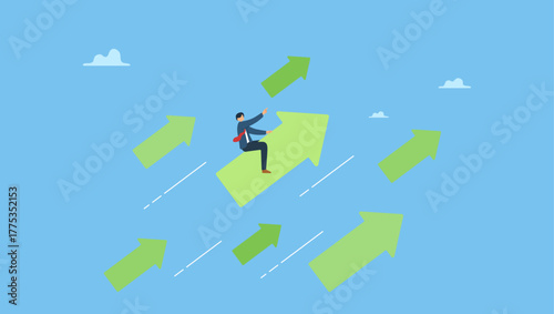 Confidence businessman riding fast speed green rising up graph to the top. Stock market price rising up skyrocket in bull market, positive growing up business or ambition for winner investor.	