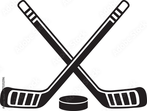 Crossed Hockey Sticks and Puck Vector, Ice Hockey Equipment and Sports Symbol Illustration