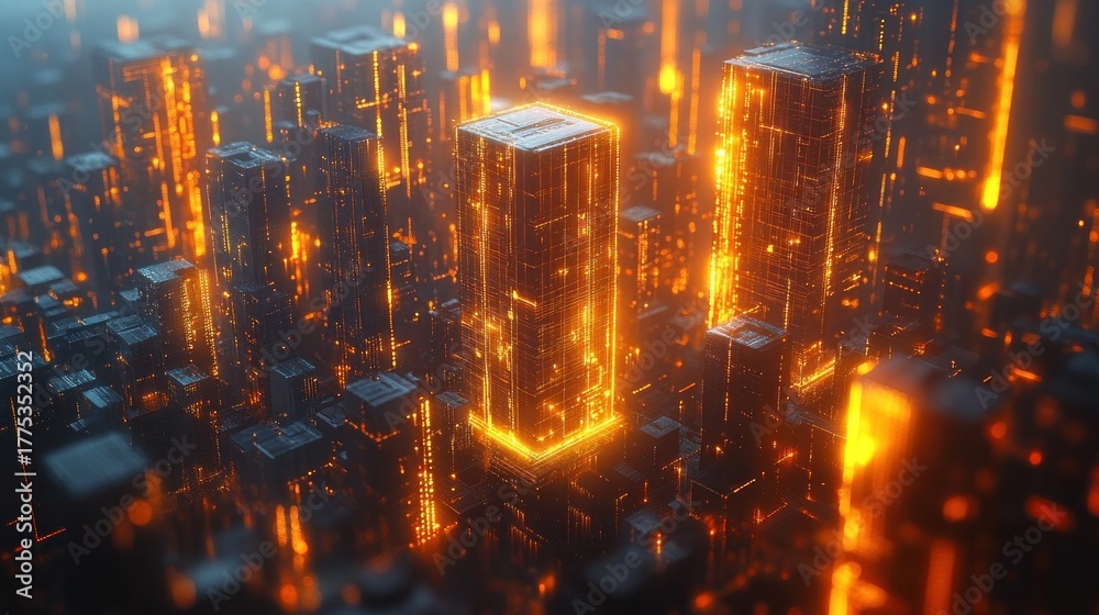 Obraz premium Abstract city of glowing cubes