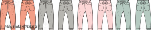 Collection of casual pants in various shades of peach, pink, grey, and mint green, showcasing different pocket styles and designs